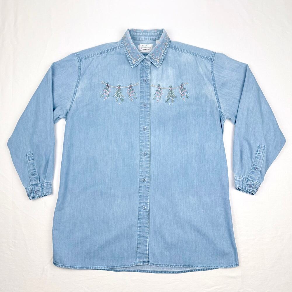 Northern Treasures Floral Embroidered Denim Shirt Tunic Vintage XS Cottagecore